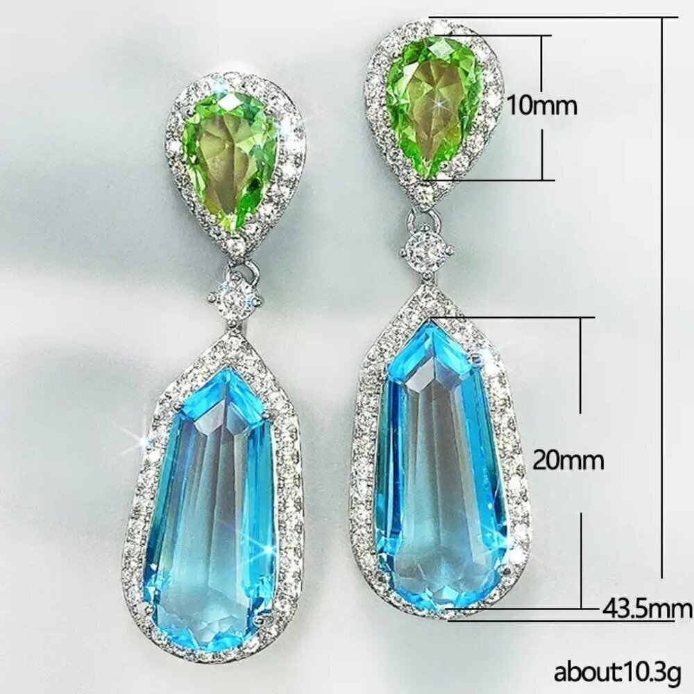 Ocean Blue and Green Elegant Drop Crystal Earrings - Picture 2 of 3